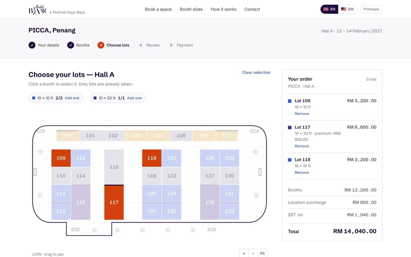 Exhibitor booking: choosing lots on a live floor plan with the order total updating (demo for Absolut Bazaar × Festival Gaya Raya 2027)