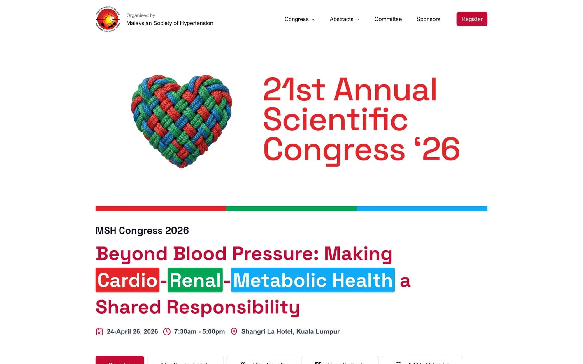 Home page of the 21st MSH Annual Scientific Congress 2026 website, 24 to 26 April at Shangri-La Kuala Lumpur