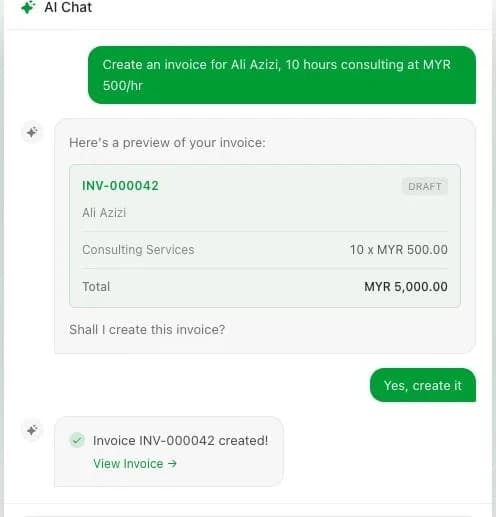 pay127 AI chat drafting an invoice (sample data)