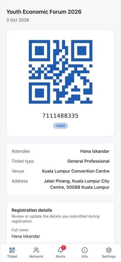 Attendee ticket with QR code on a phone (demo data)